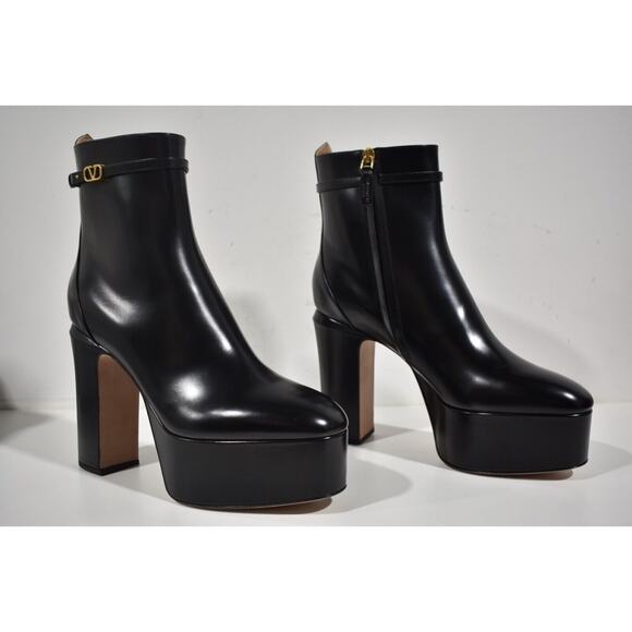 Valentino Tan-go 120 Black Leather Short Ankle Block Heel Platform Boot 40 - Picture 4 of 12